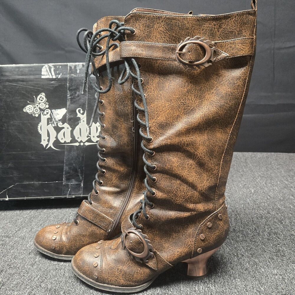 Hades VINTAGE Brown Steampunk Boots Women's 10 Vegan Leather 3/4 Knee High